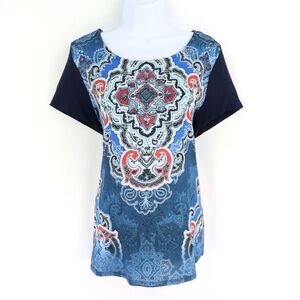 Bleu Velvet Blouse Shirt Womens Sz L Blue Colorful Geometric Rayon Short Sleeves